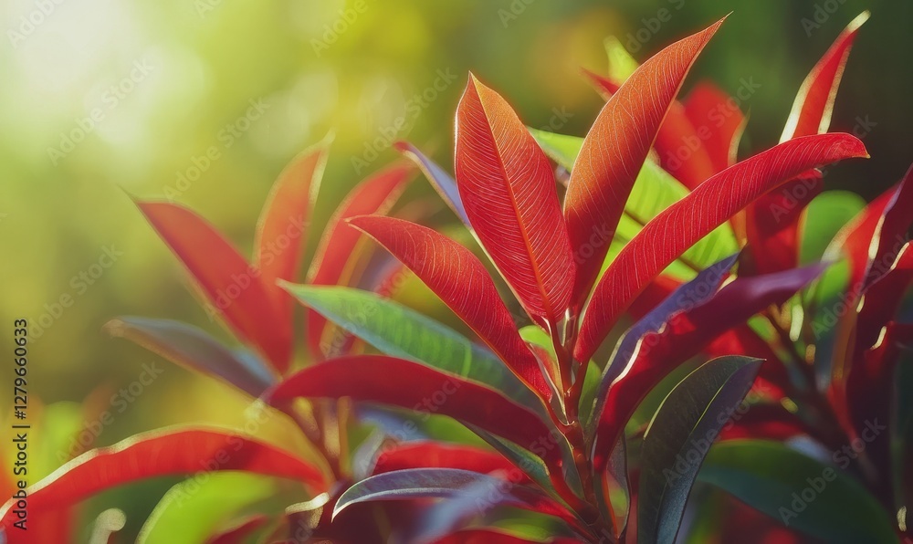 Close-up of vibrant red and green tropical foliage illuminated by soft natural light, creating an exotic and lively botanical composition, Close-up of vibrant red and green tropical foliage illuminated by soft natural light, creating an exotic and lively botanical composition,