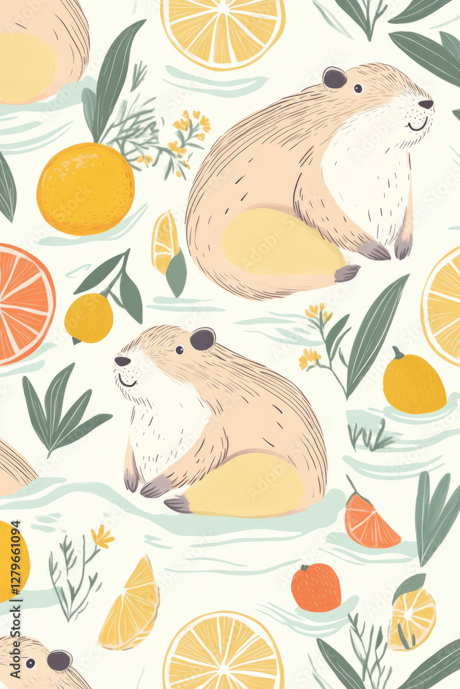 Obraz premium A vibrant, hand drawn pattern featuring playful capybaras lounging in a warm hot spring, surrounded by floating citrus fruits. The cozy atmosphere and soft pastel tones make this an ideal design for