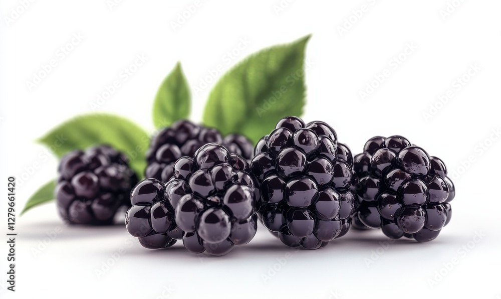 Blackberries with green leaves on a white background, close-up. Blackberries with green leaves on a white background, close-up.