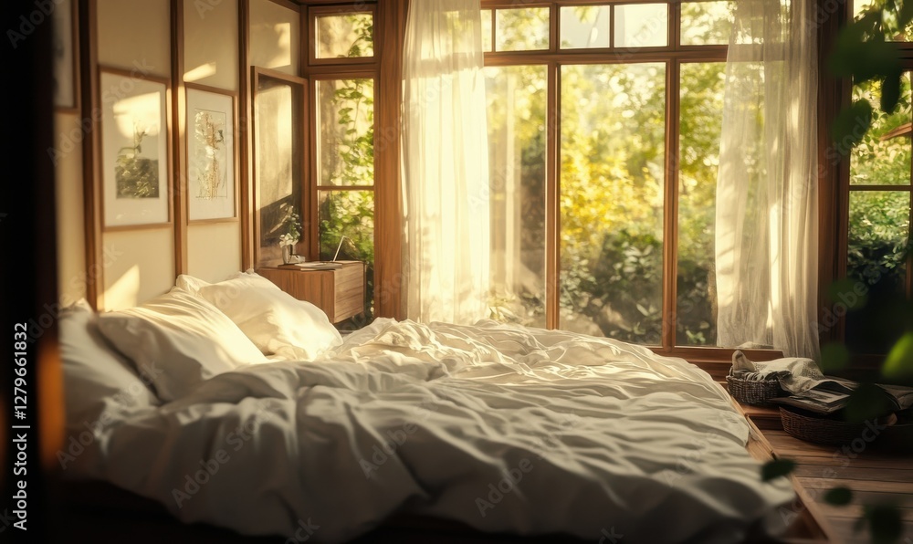 Cozy bedroom with soft white bedding, wooden accents, and natural light flooding through large windows creating a serene and modern sleeping space, Cozy bedroom with soft white bedding, wooden accents, and natural light flooding through large windows creating a serene and modern sleeping space,