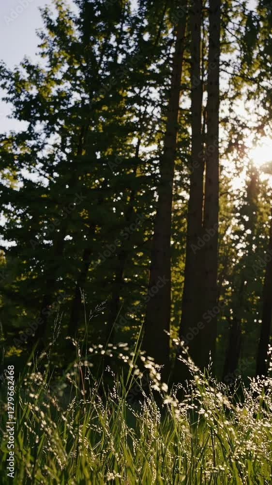 A serene forest scene captured in a low-angle video, showcasing sunlight filtering through tall trees and lush green grass in the foreground. Mobile wallpaper ratio.
