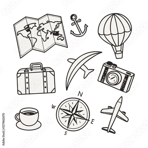 Vintage Hand-Drawn Travel Icons World Map, Anchor, Hot Air Balloon, Suitcase, and Adventure Symbols in Black and White Sketches