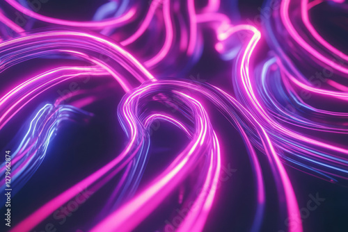 A mesmerizing digital artwork of swirling neon light trails forming intricate, fluid patterns against a dark background. The glowing, vibrant colors create a futuristic and high energy feel, perfect