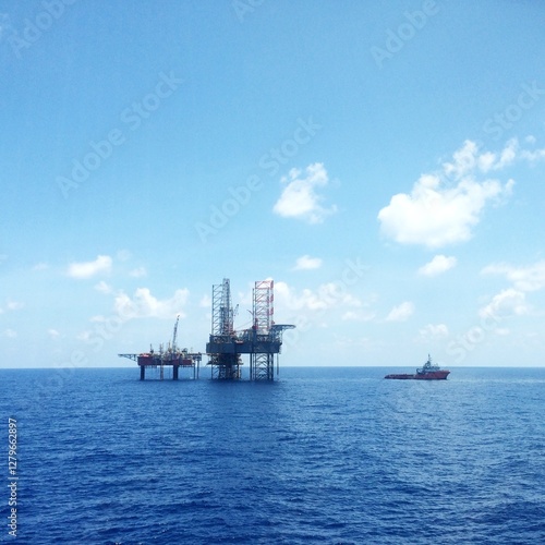 Oil and gas platform in sea with an offshore vessel transporting cargo