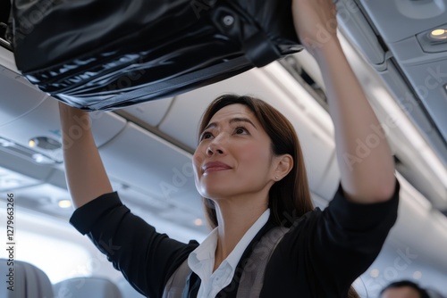 A smiling woman stows her luggage in overhead bins on an airplane, showcasing confidence and readiness for adventure, highlighting the joy of travel and exploration. photo