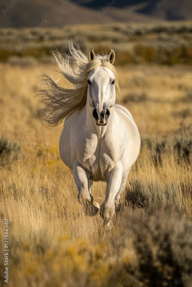 Obraz premium A majestic white horse galloping through an open meadow, its mane flowing in the wind. The dynamic movement and soft lighting capture the elegance and power of the animal in motion.