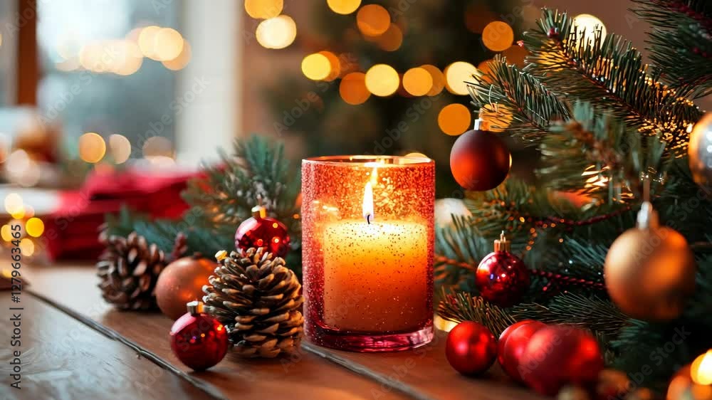 Cozy christmas scene with candle and pinecones on decorated table Cozy christmas scene with candle and pinecones on decorated table