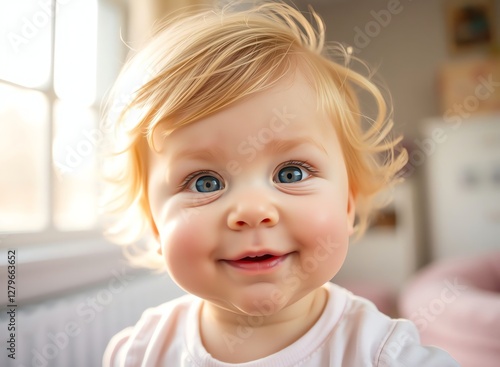 an image of a baby with blue eyes is smiling, there is a baby that is smiling and looking at the camera photo