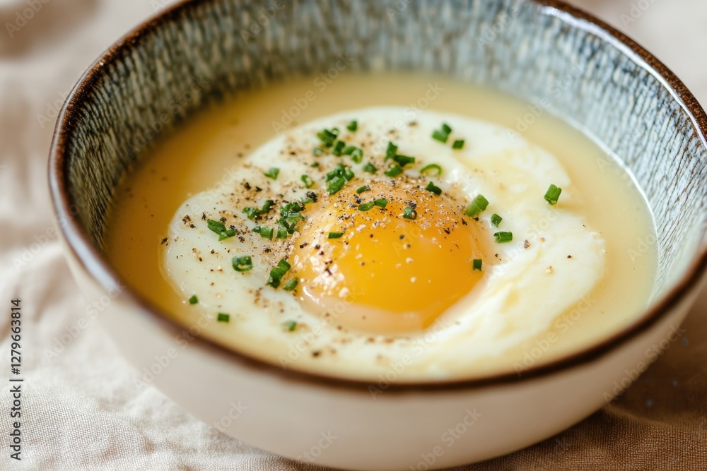 Poached egg in soup garnished with pepper and chives Poached egg in soup garnished with pepper and chives