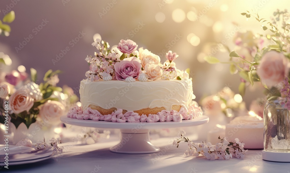 Elegant dessert table featuring a frosted cake decorated with fresh flowers, illuminated by soft light for a refined and celebratory visual, Elegant dessert table featuring a frosted cake decorated with fresh flowers, illuminated by soft light for a refined and celebratory visual,