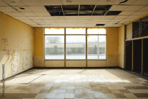 Wallpaper Mural Vacant commercial interior showcasing dirt and disrepair with large windows allowing natural light to filter in Torontodigital.ca