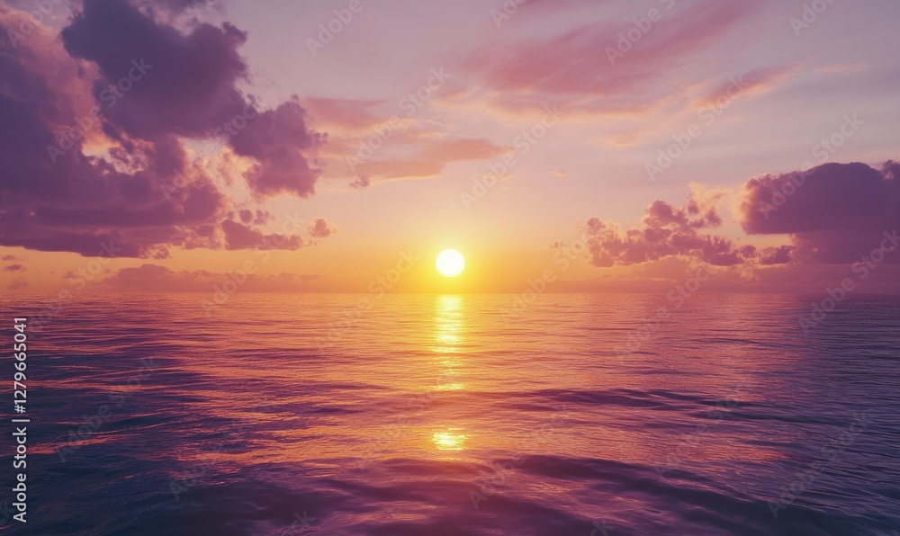 Fototapeta premium Dramatic sunset over a calm ocean with vibrant shades of purple and gold reflecting in the water creating a serene and picturesque seascape