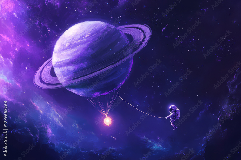 Naklejka premium A dreamy illustration of a tiny astronaut floating in space, tethered to a glowing balloon in the shape of Saturn. The deep purples and blues of the galaxy create a mesmerizing cosmic atmosphere full