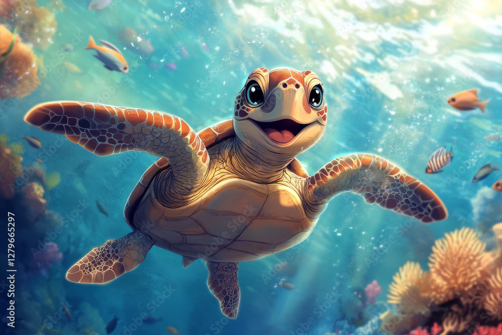 Obraz premium A cute and friendly cartoon style illustration of a smiling sea turtle swimming through crystal clear water, surrounded by small fish and coral reefs.