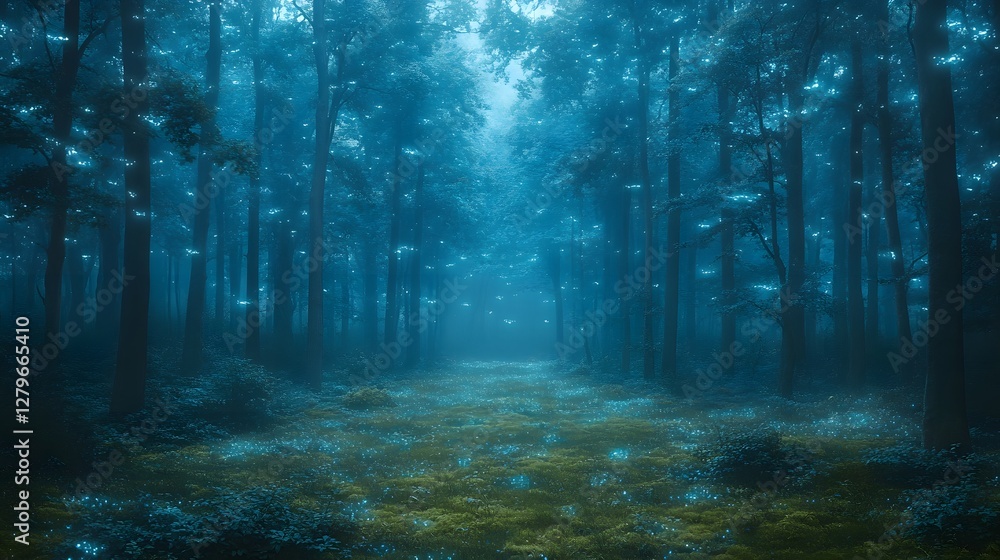 Naklejka premium Mesmerizing Dreamscape of a Serene Bioluminescent Forest Clearing Shrouded in Ethereal Moss Covered Foliage
