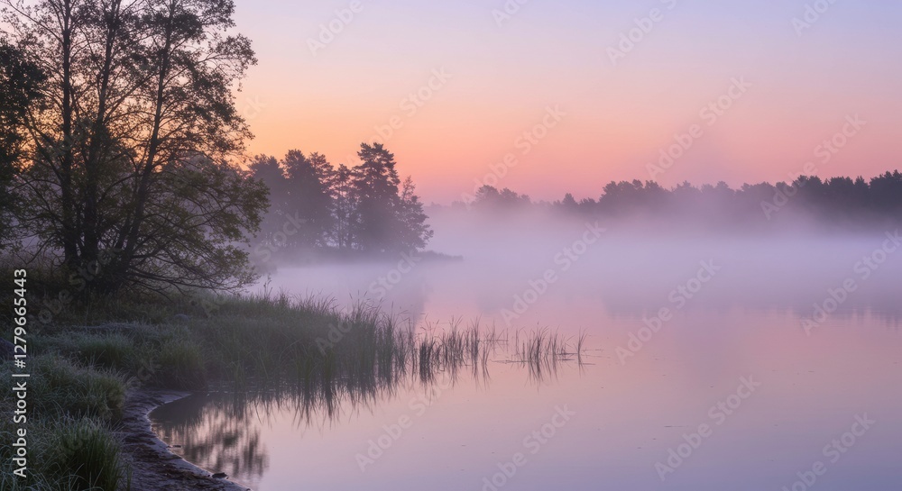 Serene Lakeside Dawn: A tranquil lake shrouded in a soft, ethereal mist, reflecting the gentle hues of the morning sky, with a silhouette of trees along the shore. Serene Lakeside Dawn: A tranquil lake shrouded in a soft, ethereal mist, reflecting the gentle hues of the morning sky, with a silhouette of trees along the shore.