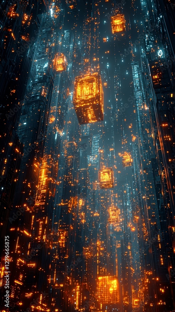Fototapeta premium A digital cityscape with glowing interconnected cubes in a cyberpunk style, highlighted by cinematic lighting