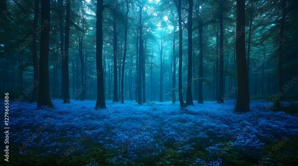 Naklejka premium Enchanting Bioluminescent Forest Clearing with Lush Moss Carpet and Towering Glowing Trees