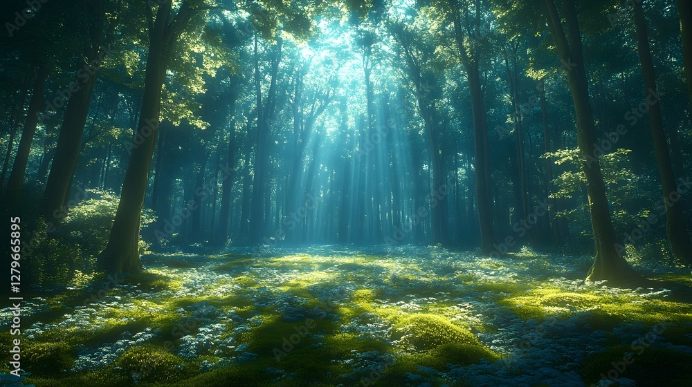 Obraz premium Tranquil Forest Clearing Blanketed in Vibrant Bioluminescent Moss and Foliage