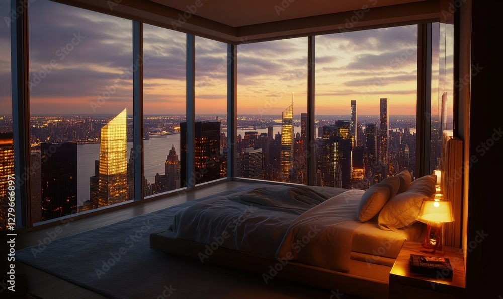 Elegant bedroom with soft gray walls, a plush bed, and floor-to-ceiling windows offering a panoramic cityscape at dawn. Elegant bedroom with soft gray walls, a plush bed, and floor-to-ceiling windows offering a panoramic cityscape at dawn.