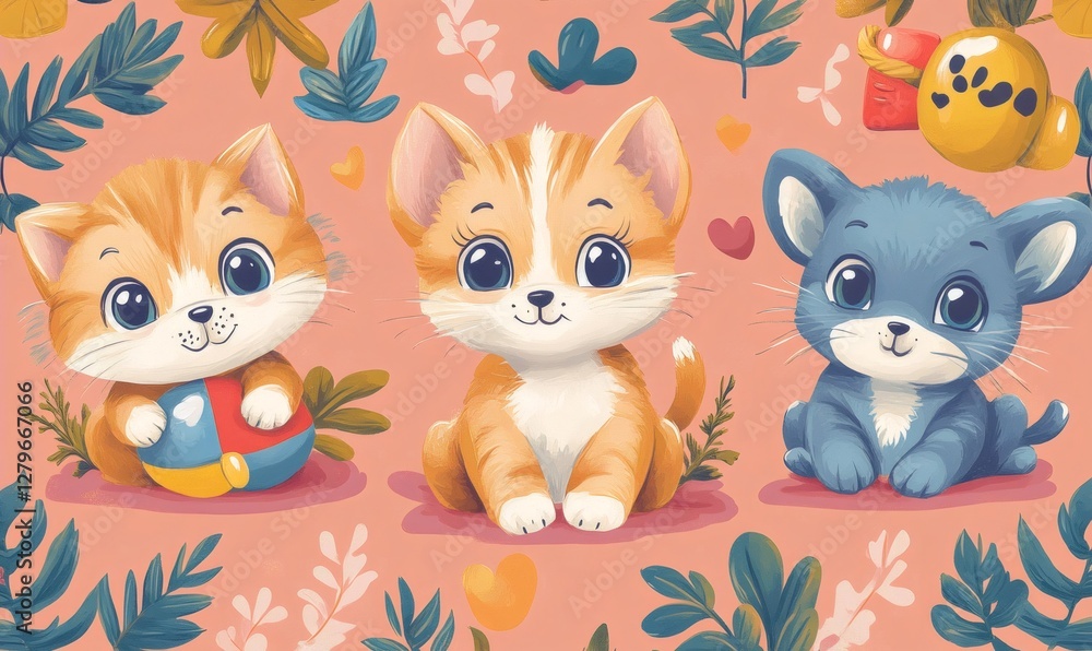 Seamless pattern with cute kittens playing with a colorful ball and surrounded by leaves on a pink background Seamless pattern with cute kittens playing with a colorful ball and surrounded by leaves on a pink background