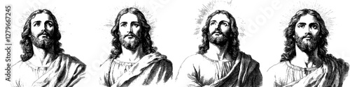 Black sketch in dotwork, jesus in clothes with sun over his head. Vector bitmap illustration