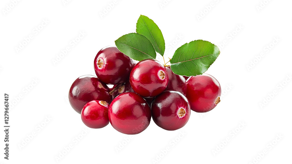 Fresh red cranberries with green leaves on display Fresh red cranberries with green leaves on display
