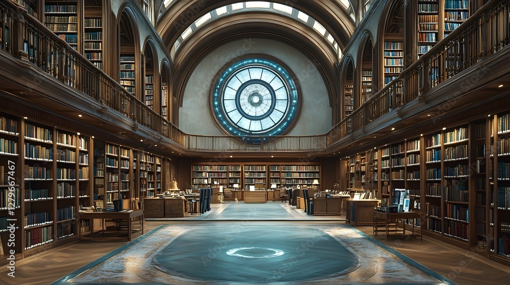 Obraz premium Stunning Futuristic Library with Elegant Mahogany Bookshelves and Glowing Digital Displays