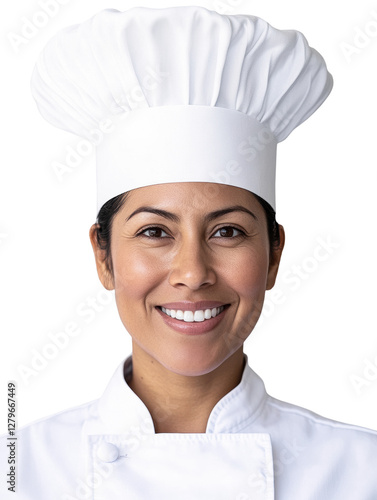 Smiling Female Chef in White Uniform and Hat on transparent background