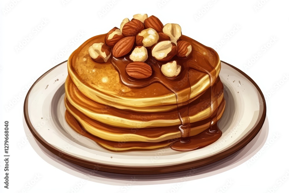 Delicious pancakes topped with nuts and maple syrup on a table Delicious pancakes topped with nuts and maple syrup on a table