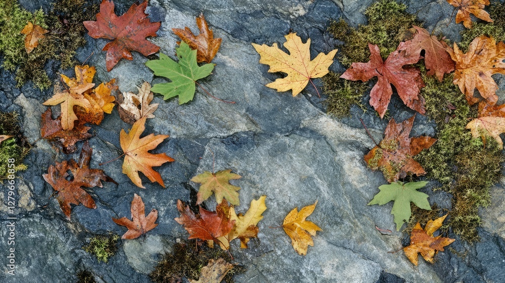 A magical forest floor covered in soft green moss and scattered leaves, set against textured stone A magical forest floor covered in soft green moss and scattered leaves, set against textured stone