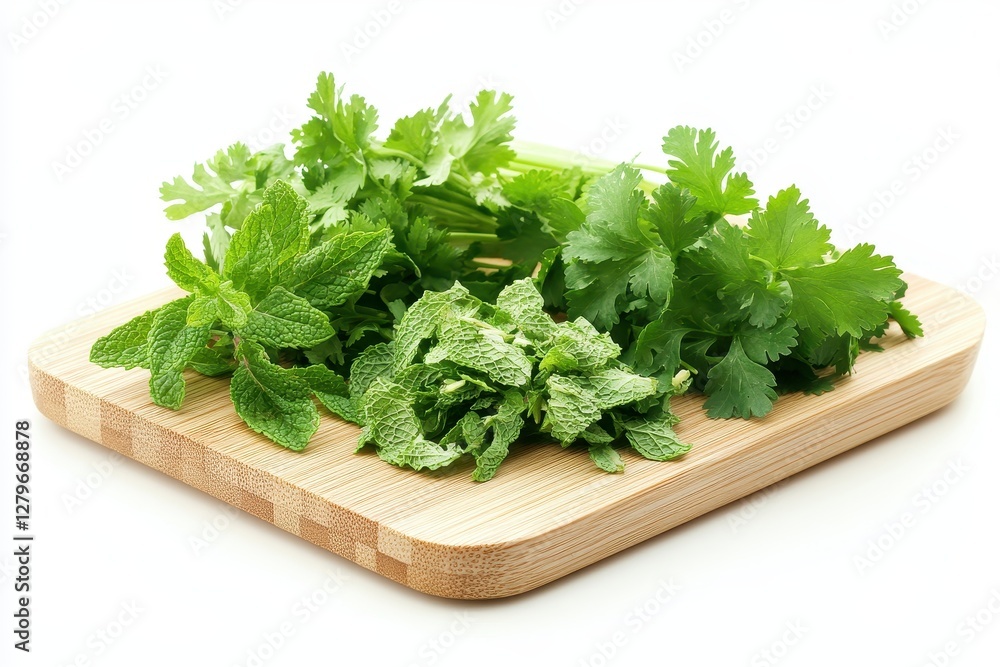 Diced mint cilantro and parsley on a wooden board Diced mint cilantro and parsley on a wooden board