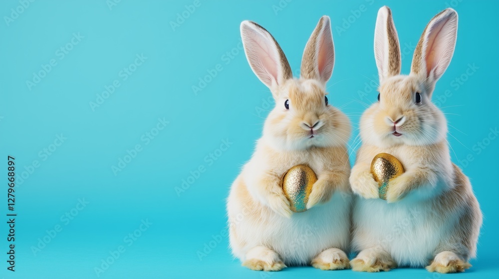 Obraz premium Comical and playful Easter bunnies couple on vibrant blue background for Easter holiday celebration design
