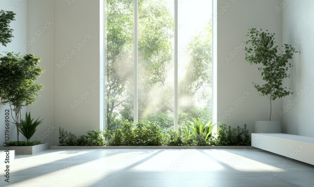 Minimalistic view of a modern room with large windows, light streaming through and soft greenery surrounding. Minimalistic view of a modern room with large windows, light streaming through and soft greenery surrounding.