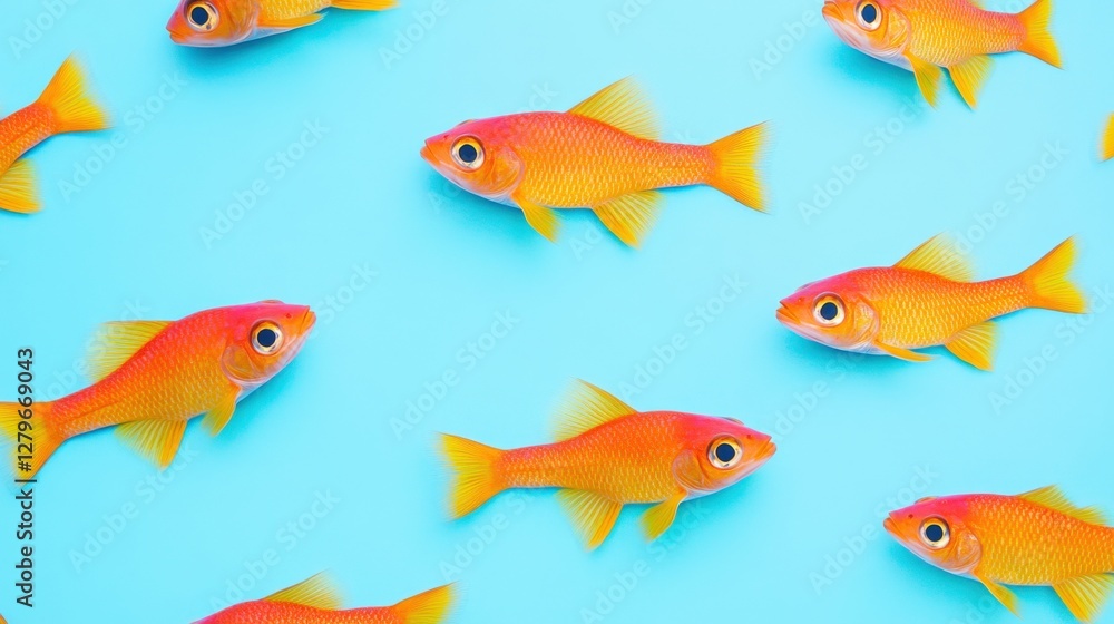 Fototapeta premium Colorful goldfish swimming gracefully against a vibrant blue background, creating a serene aquatic scene