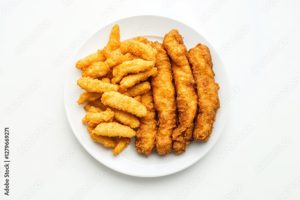 Dish of fried fish sticks on white background Dish of fried fish sticks on white background