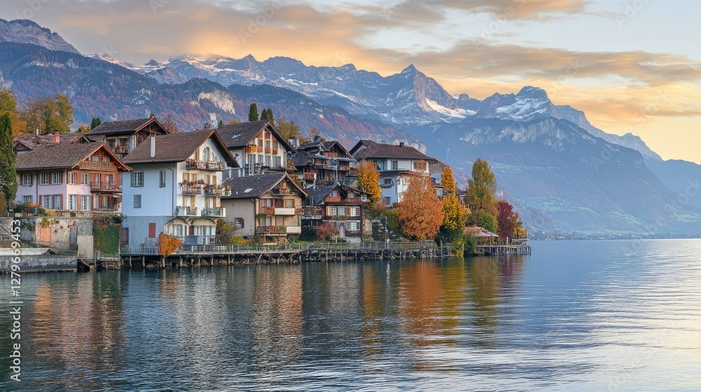 A peaceful autumn sunset over Saxer Lcke, with golden light spilling over the Swiss Alps and casting a glow on the rugged cliffs A peaceful autumn sunset over Saxer Lcke, with golden light spilling over the Swiss Alps and casting a glow on the rugged cliffs