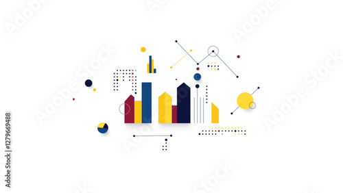 Abstract infographic illustration with business elements,  with graphs, pie charts, geometric shapes on white background. Vector art