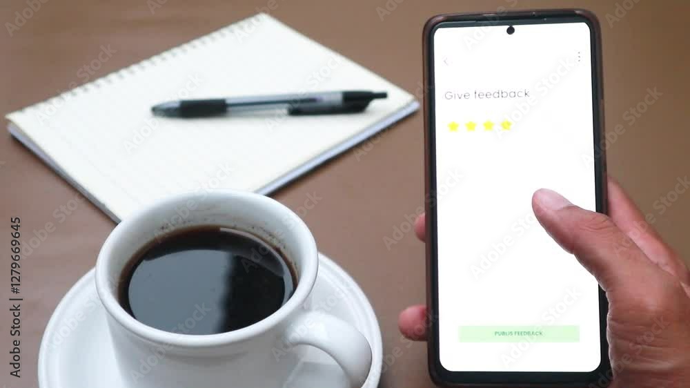 Man Hand holding smartphone with star rating screen display