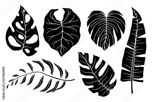 Set of stamps, tropical leaf silhouettes. Simple botanical elements. Vector graphics.