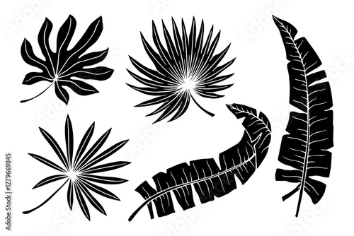 Set of stamps, tropical leaf silhouettes. Simple botanical elements. Vector graphics.