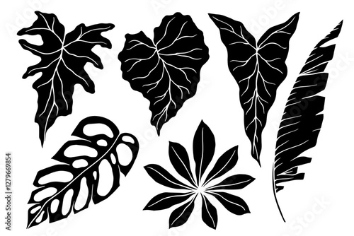 Set of stamps, tropical leaf silhouettes. Simple botanical elements. Vector graphics.