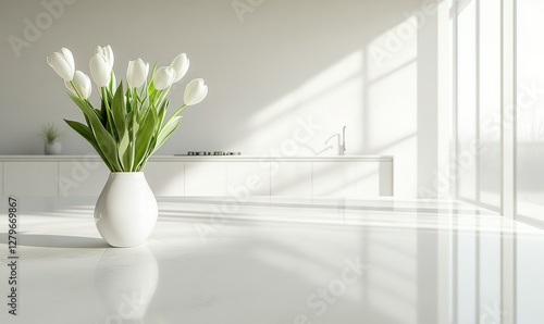 Minimalist interior with a clean white kitchen, sleek countertops, and a vase of fresh tulips on the table, bright natural light streaming in, evoking modern elegance,