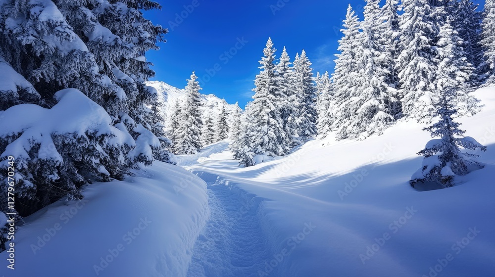 A serene winter hiking trail winding through snow-covered trees in Dnser lpele, Vorarlberg, under a clear blue sky. A serene winter hiking trail winding through snow-covered trees in Dnser lpele, Vorarlberg, under a clear blue sky.