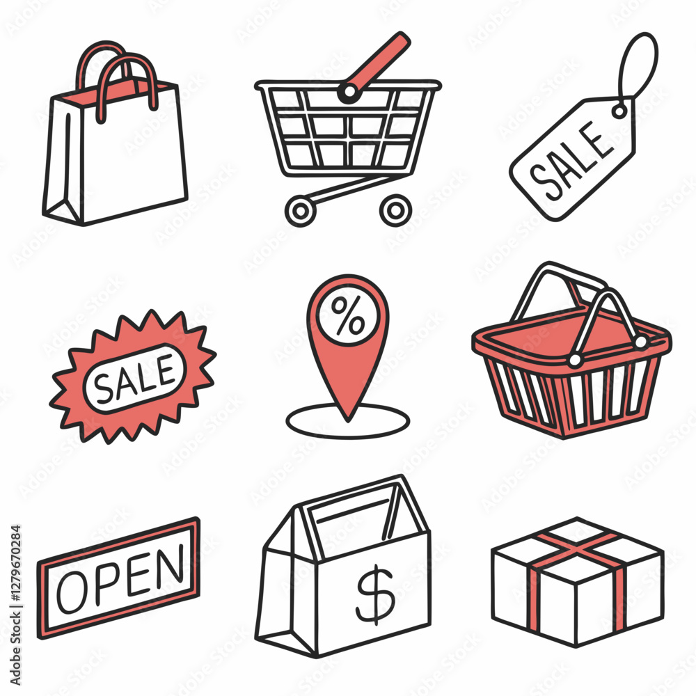 Shop or store line icon set. Containing bag and shopping cart, basket, map pin location, discount, open and close sign, sale, price tag, grocery, market, promotion, supermarket. Vector illustration Shop or store line icon set. Containing bag and shopping cart, basket, map pin location, discount, open and close sign, sale, price tag, grocery, market, promotion, supermarket. Vector illustration