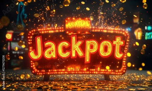 Glowing jackpot neon sign with falling golden coins and sparks, celebrating a big win in casino