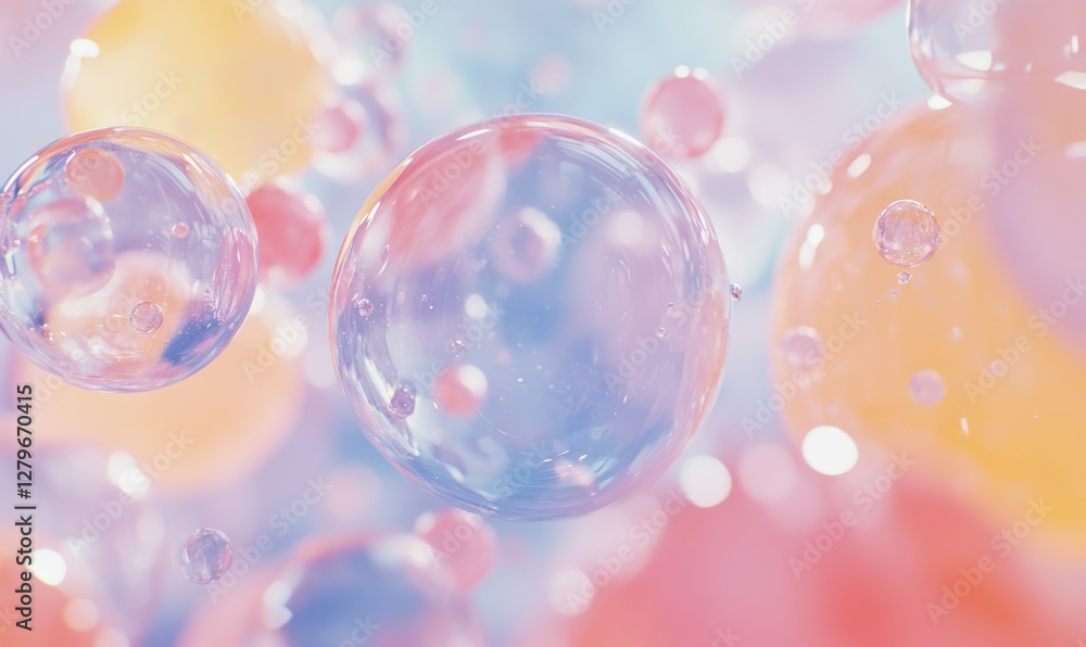Glowing translucent bubbles reflecting soft pastel hues of pink, blue, and yellow, floating gracefully against a blurred background, creating a playful visual, Glowing translucent bubbles reflecting soft pastel hues of pink, blue, and yellow, floating gracefully against a blurred background, creating a playful visual,