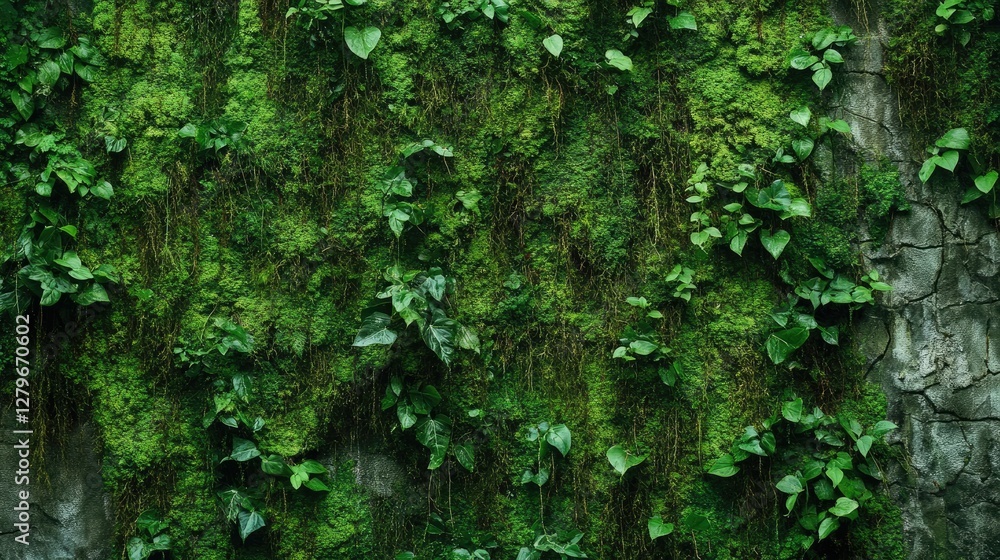 A soothing, earthy scene of moss-covered walls with fresh herbs bringing life to the textures of nature A soothing, earthy scene of moss-covered walls with fresh herbs bringing life to the textures of nature