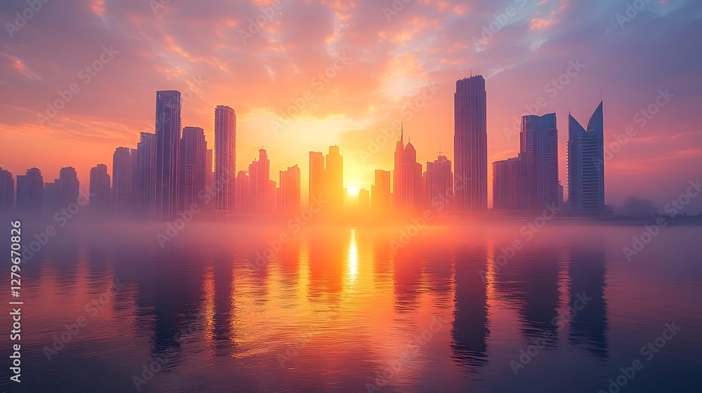 Fototapeta premium Enchanting Seaside Metropolis Bathed in Golden Twilight Glow and Reflected on Glassy Bay