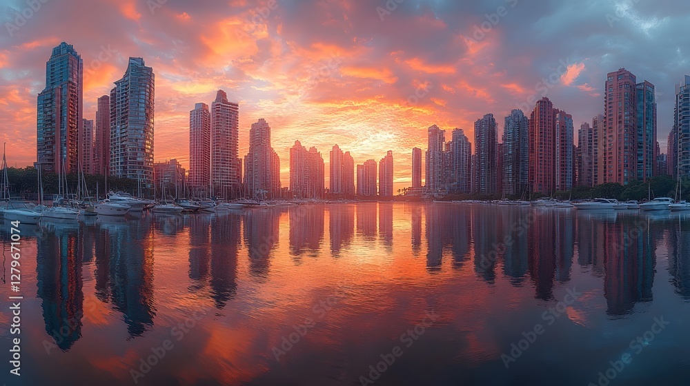 Fototapeta premium Majestic Coastal Metropolis at Sunset with Blend of Modern and Heritage Architecture Reflected in Tranquil Waters
